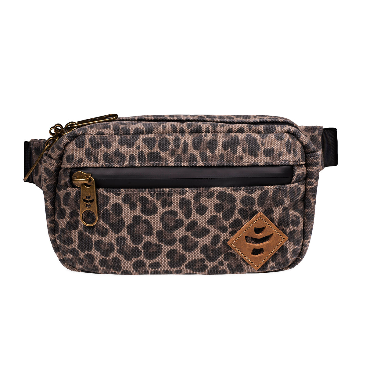 revelry the companion smell proof crossbody bag leopard front view.jpg